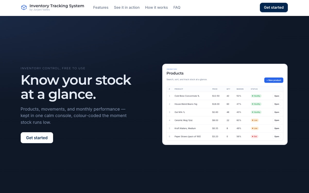 The inventory tracking system home page