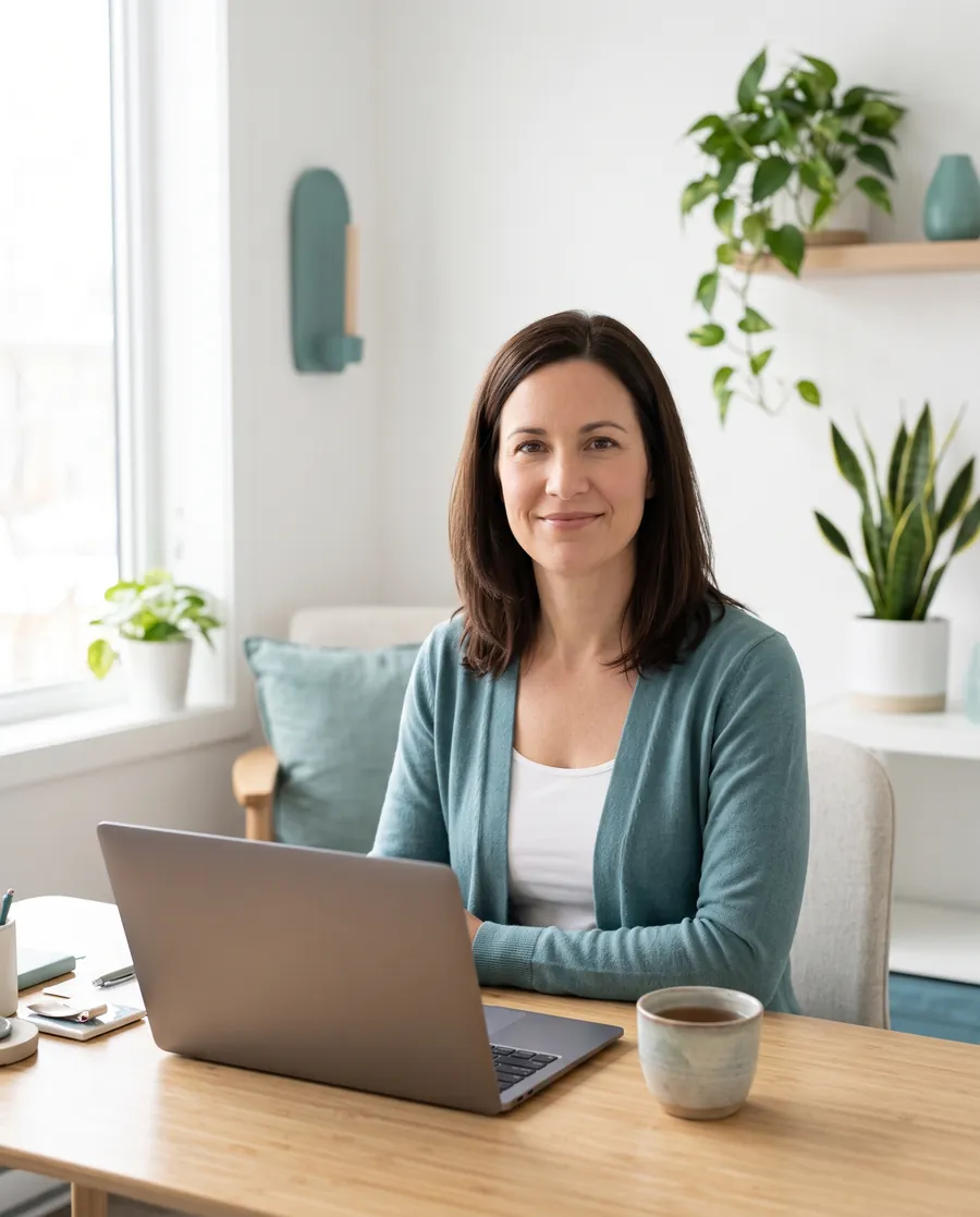 Dr. Lena Ortiz at her desk by a window, with a cup of tea