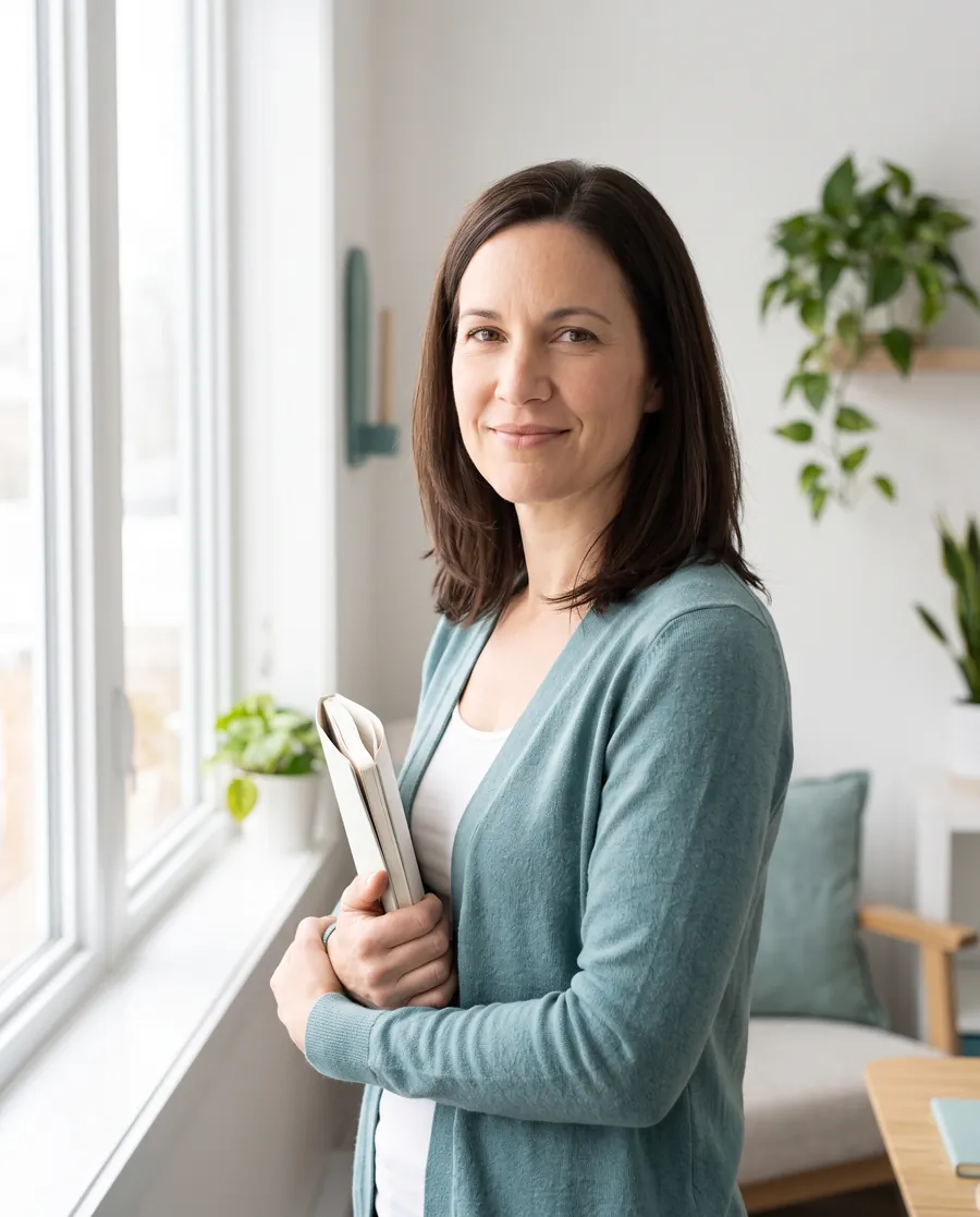 Dr. Lena Ortiz standing by the window in her home office, holding a notebook