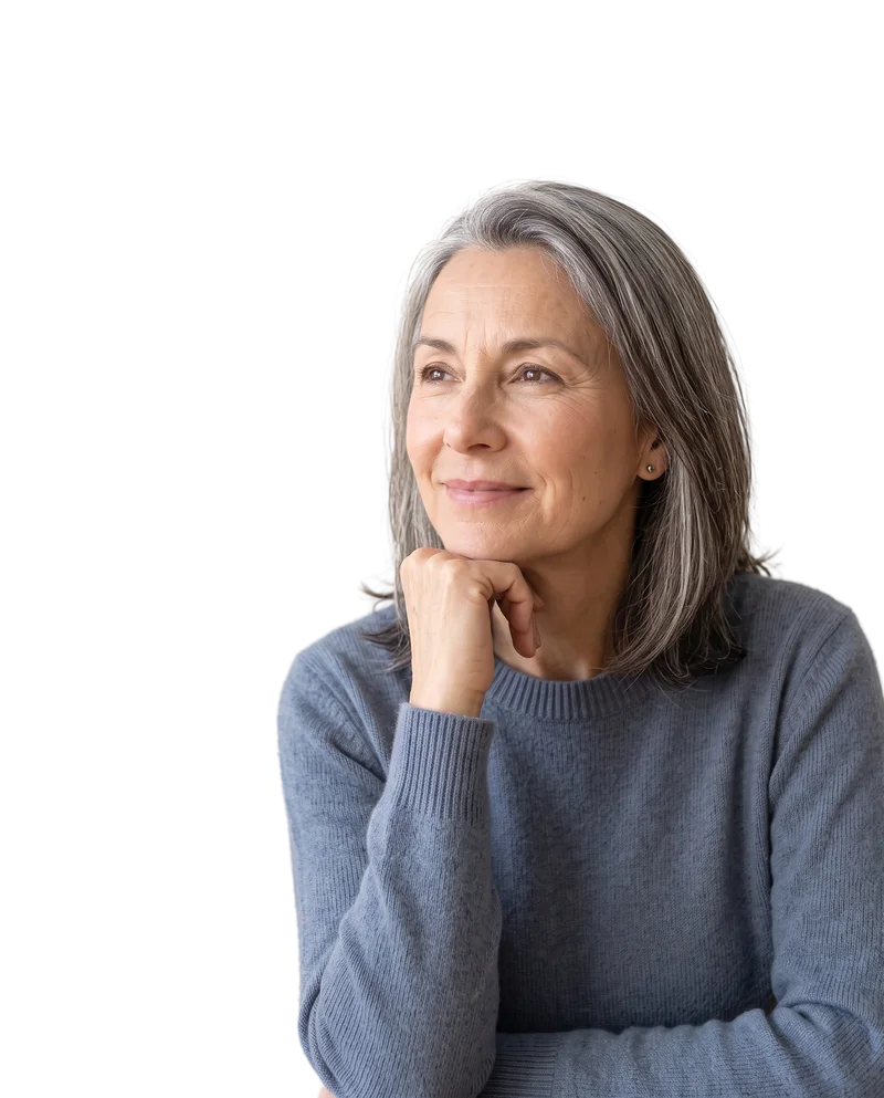Nora Whitfield, chin resting on her hand, smiling thoughtfully