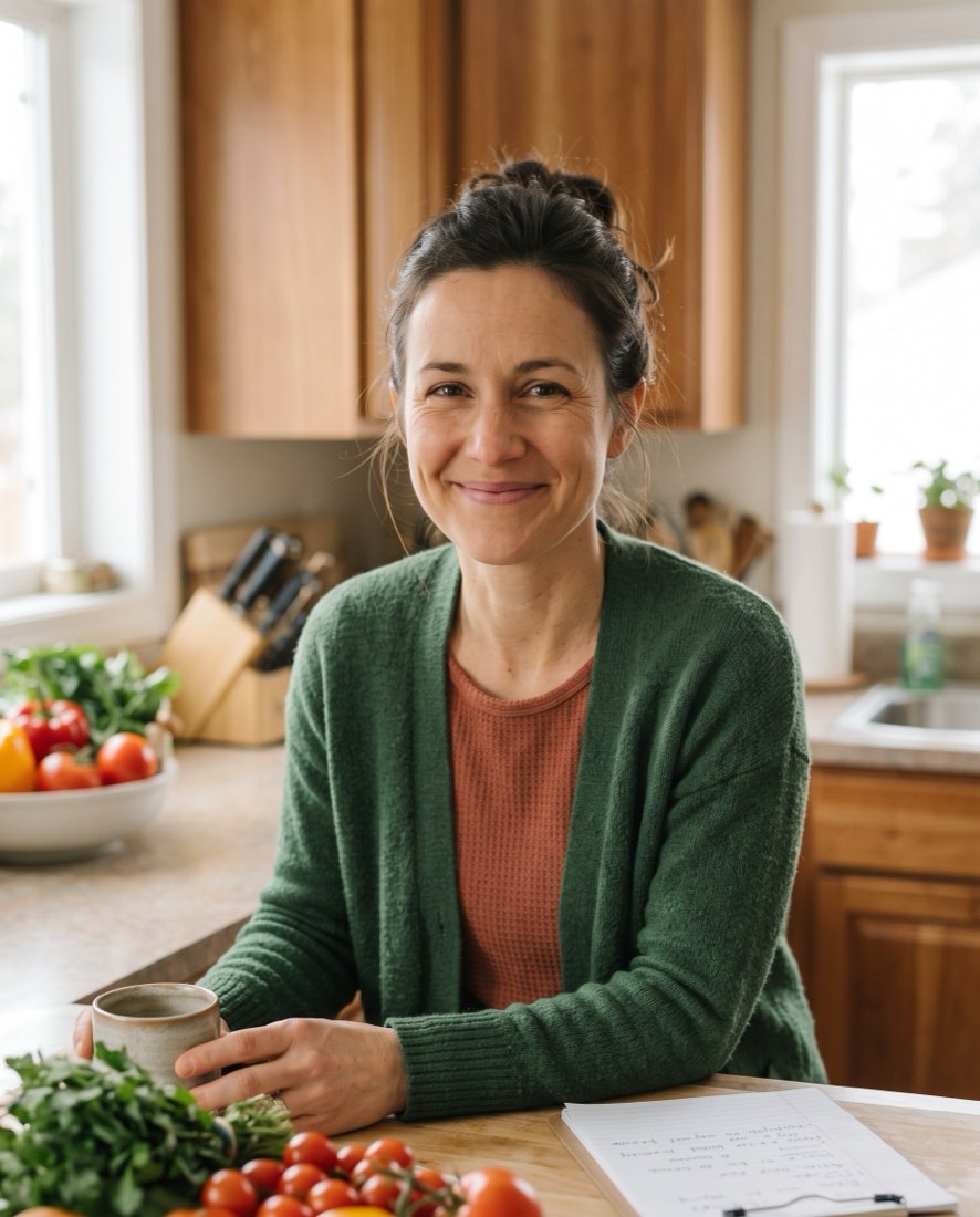 Sarah at her kitchen table with tea, fresh vegetables and a notepad